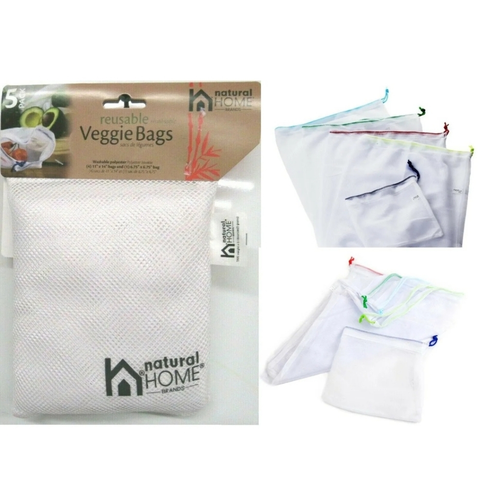 5 Pack Reusable Veggie Bags Washable Natural Home Vegetable Storage